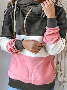 女士拼色抽绳连帽运动衫 - 粉色 - 查看 1