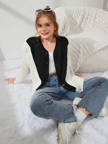 Tween Girl Contrast Color Button Front Fringed Elegant Long Sleeve Cardigan - Black - View 4