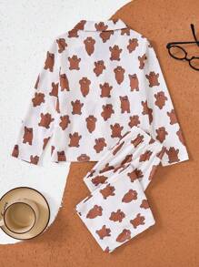 We Bare Bears X SHEIN Young Girl Cartoon All-Over Print Lapel Collar Shirt & Pants Pajama Set - White - View 2