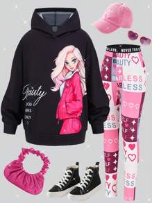 SHEIN 2pcs/Set Tween Girl Casual Digital Print Long Sleeve Hoodie Sweatshirt + Digital Print Knit Full Length Pants,Spring/Autumn - Black - View 1