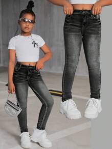 SHEIN Tween Girl Y2K 石洗黑色高腰紧身牛仔裤，返校服，百搭款式，夏季返校街头服饰，海滩波西米亚风演唱会宽松阔腿裤，狂欢节，毕业典礼