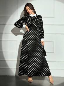 Modelyn Elegant Polka Dot Print Lantern Sleeve Long Arabian Style Modest Dress, Autumn
