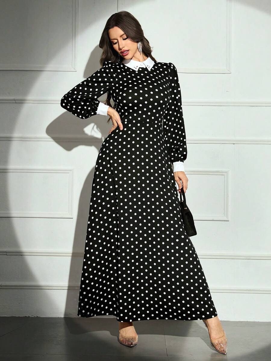 Modelyn Elegant Polka Dot Print Lantern Sleeve Long Arabian Style Modest Dress, Autumn