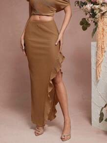 L'Amorae Women's Solid Color Elastic Waist Ruffle Hem Side Slit Maxi Skirt