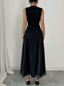 Chiquease 女士薄纱拼接 A 字型收腰荷叶边下摆派对连衣裙，修身优雅长款女士服装 - 黑色 - 查看 2