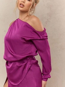 MISSGUIDED 单肩不对称垂褶迷你连衣裙，长袖缎面，适合派对、晚宴、特殊场合，修身剪裁，侧开衩，褶皱细节，优雅假日冬季装扮 - 紫色 - 查看 3