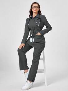 TaskEZ 1 Set Solid Color Front Button Long Sleeve Simple Scrub Top And Pants, Casual Scrub Uniform - Grey - View 7