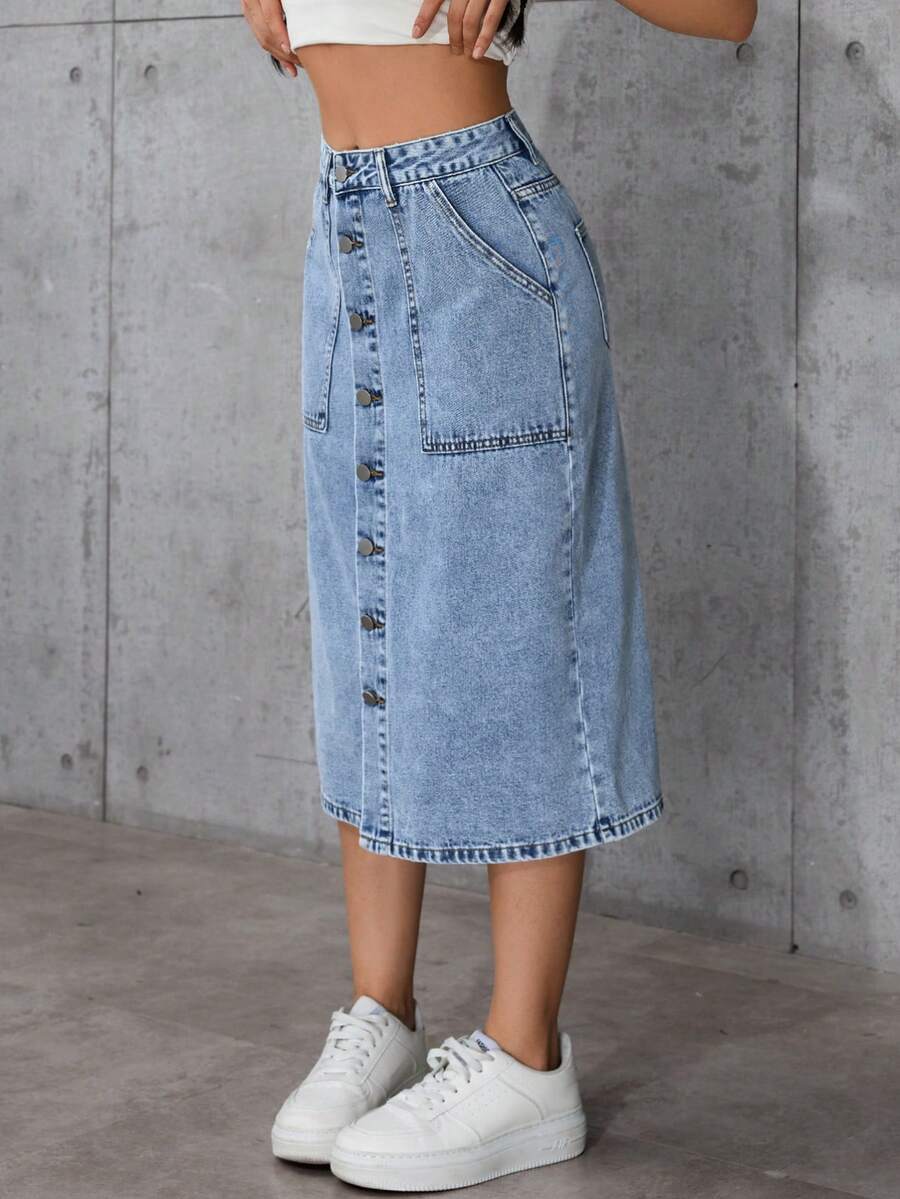 Women Casual Retro Washed Button A-Line Midi Skirt, Versatile Styling, Suitable For Valentine's Day, Youthful & Energetic - Blue - View 1