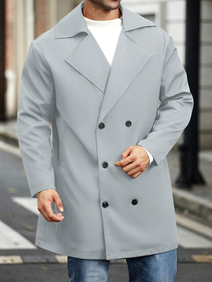 Manfinity Homme 大码男士休闲纯色双排扣风衣,秋季 - 淺灰色 - 查看 1