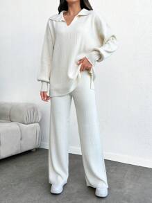 SHEIN Tall Rib Pattern Polo Neck Sweater And Pant 2pcs Se - Apricot - View 3