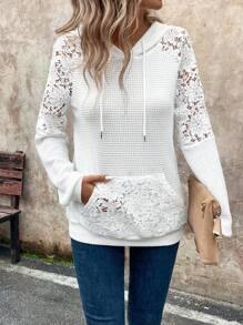 SHEIN LUNE Áo nỉ trùm đầu thêu ren trắng phong cách Pháp giản dị dành cho nữ, mùa thu - trắng - Xem 6