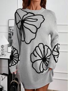 EMERY ROSE 1pc Women Embroidered Round Neck Long Sleeve Sweater Dress - Grey - View 6