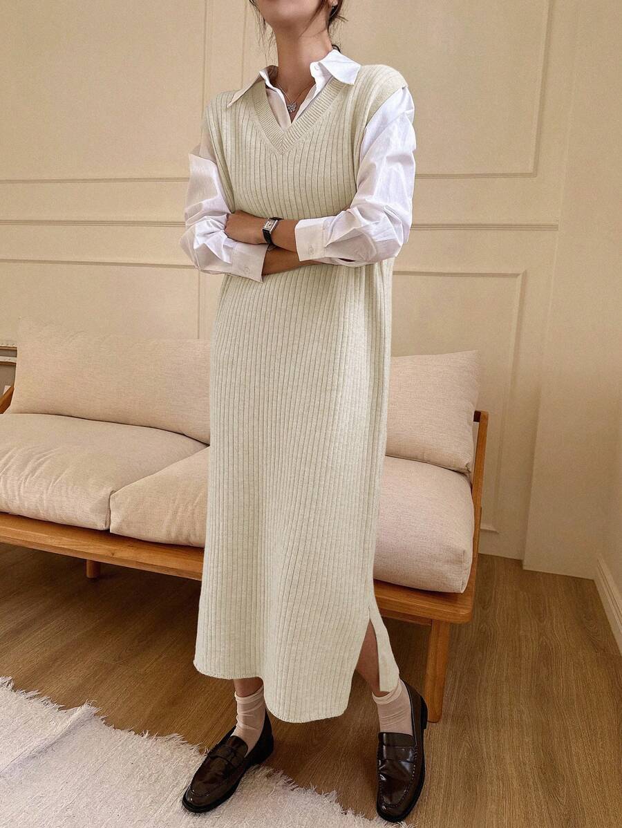 DAZY Women's Solid Color V-Neck Sleeveless Simple Long Casual Sweater Dress,Fall Clothes - Beige - View 1