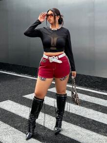 SHEIN ICON Red Plus Size Denim Shorts Leopard Print Shorts Y2K Outfit