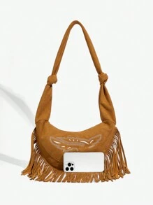 SHEIN BAE 女士时尚刺绣流苏斜挎包 - 棕色 - 查看 5