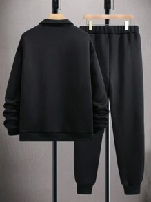 Manfinity Homme 男士纯色拉链半襟保暖内衬长袖运动衫和运动裤套装，秋冬季休闲装