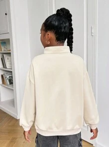 SHEIN Tween Girl 宽松休闲立领字母印花简约舒适长袖运动衫 - 杏色 - 查看 2