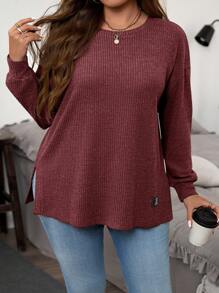 SHEIN LUNE 大码女式休闲字母拼布圆领长袖侧开衩下摆 T 恤，秋季 - 酒紅色 - 查看 1