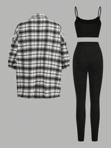 SHEIN LUNE 3 件套女士休闲格子衬衫、吊带背心和裤子套装 - 黑與白 - 查看 2