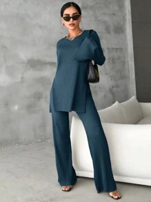 EURMUSE Cotton Solid Split Hem Tee & Flare Leg Pants - Teal Blue - View 3