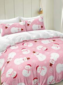 圣诞床上用品套装 粉色雪花圣诞羽绒被套装 圣诞可爱圣诞雪人印花 3 件套 圣诞房间装饰 被套 柔软超细纤维羽绒被套 适合男孩女孩 2 个枕套 无被子 圣诞节礼物