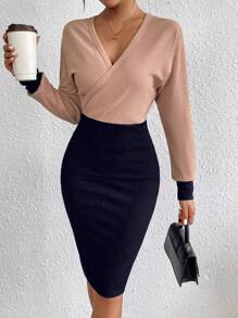 Chiquease Women's Autumn Contrast Color V-Neck Long Sleeve Fitted Elegant Dress