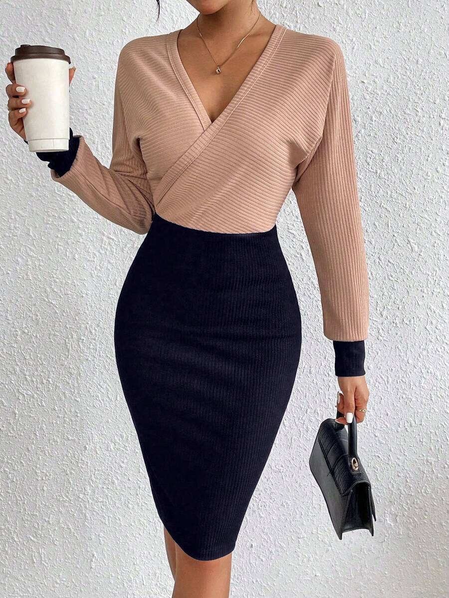 Chiquease Women's Autumn Contrast Color V-Neck Long Sleeve Fitted Elegant Dress