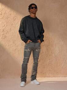 Forever 21 Men's Casual Ripped Denim Jeans With Frayed Hem - Grey - View 5