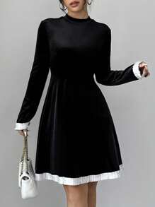 Elenzga 圆领褶皱收腰 A 字形拼色荷叶边复古天鹅绒连衣裙，优雅的日常穿着和派对，百搭 - 黑與白 - 查看 3