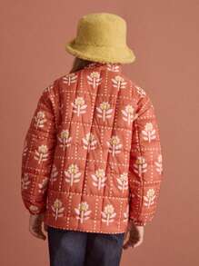 SHEIN Tween 女童红色花卉印花立领长袖口袋加厚外套，休闲日常穿着，秋冬季 - 棕色 - 查看 2