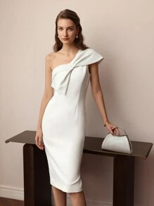 MOTF PREMIUM 纯色单肩大蝴蝶结修身中长连衣裙 - 白色 - 查看 5