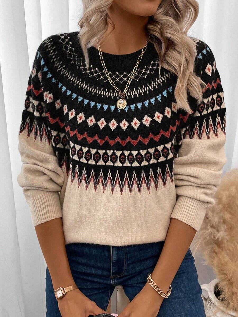 SHEIN LUNE 大码民族图案宽松针织毛衣，休闲日常穿着，秋冬季 - 黑色 - 查看 1