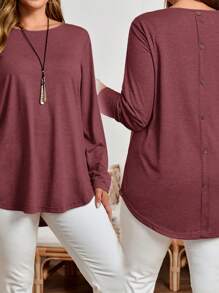 EMERY ROSE Plus Size Fall Women Solid Round Neck Long Sleeve Casual T-Shirt - Burgundy - View 5