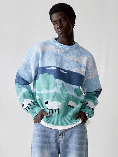 Manfinity VCAY Men's Knit Fashion Casual Prairie Pattern Loose Long Sleeve Sweater, Suitable For Young Adults