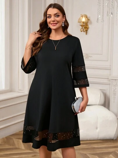 Miaspire Plus Size Women Round Neck 3/4 Sleeve Contrast Mesh Loose Black Elegant Dress,  Dress    Clothes  New Year Dress,Spring