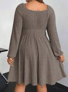 Vionelle 大码女式纯色前系带插肩袖罗纹休闲中长连衣裙，秋季 - 摩卡棕 - 查看 2