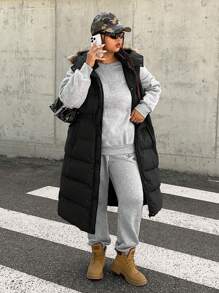 SHEIN EZwear Plus Size Hooded Contrast Fuzzy Trim Sleeveless Padded Vest, Winter Women Clothes