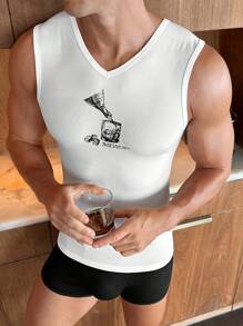 Men's V-Neck Letter & Graphic Print Tight Sleeveless Base Layer Top - White - View 8