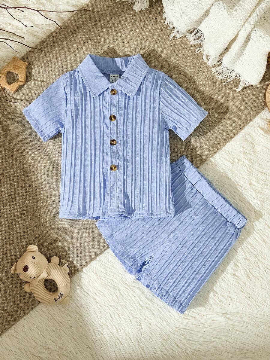 SHEIN Vintaside Kids 纹理短袖衬衫和短裤休闲基本清爽春夏男婴服装 - 藍色 - 查看 1