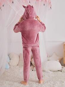 SHEIN 2 件 Tween Girl 女童卡通猫和字母印花刺绣连帽运动衫和毛绒羊毛裤柔软舒适睡衣套装，秋冬 - 粉色 - 查看 2