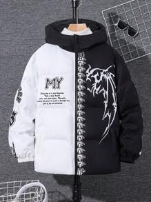 Tween Boy's Black Colorblock Hooded Thick Jacket For Winter,Smart Back-To-School Outerwear,Suitable For School,Parties,Outdoor Play & Casual Wear - Black and White - View 4