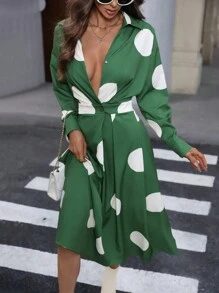 SHEIN LUNE 90s Retro Elegant Green Polka Dot Office Lady Long Dress, Autumn Christmas Women Clothes - Green - View 4