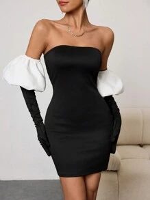 Chiquease 优雅紧身泡泡袖短款连衣裙，黑色 - 黑色 - 查看 1