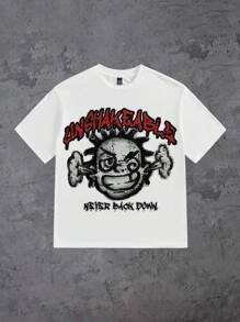 Manfinity ZONE917 White Knit Men's Letter & Cartoon Print Round Neck Short Sleeve T-Shirt - White - View 4