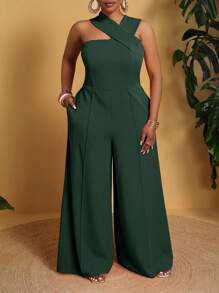 Slaydiva Plus Size Women Solid Color Pockets Wide Leg Loose Sleeveless Elegant Jumpsuit - Green - View 4