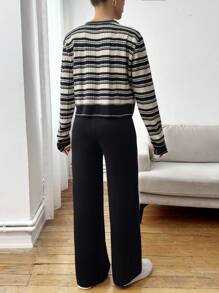 EURMUSE Women Casual Striped Black And White Batwing Loose Pullover Sweater And Relaxed Straight Knit Pants Set - Black and White - View 3