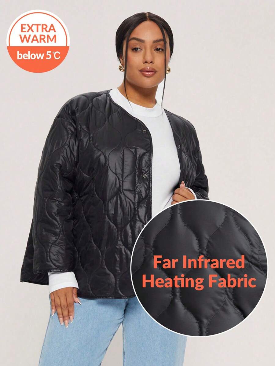 SHEIN BASICS Plus Size Solid Color V-Neck Long Sleeve Loose Padded Coat - Black - View 1