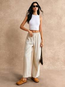 Poéselle 打结腰部阔腿裤 夏季度假长裤 - 米色 - 查看 5