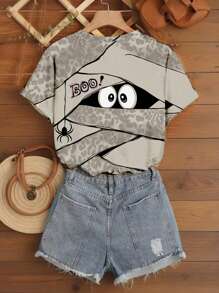 SHEIN LUNE Camiseta casual con estampado de rayas, araña, fantasma y leopardo, tallas grandes, para verano y otoño