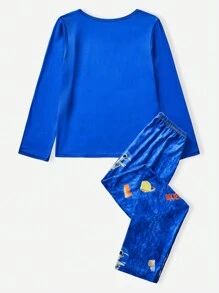 Tween Boy 2pcs Set Comfy Solid Color Long Sleeve Top And Space Printed Long Pants Pajama Set
